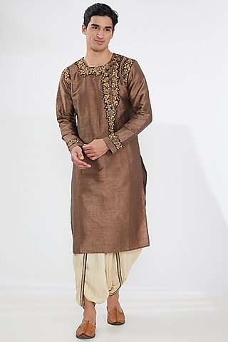 Brown Silk Embroidered Kurta Set by Joy Mitra Men