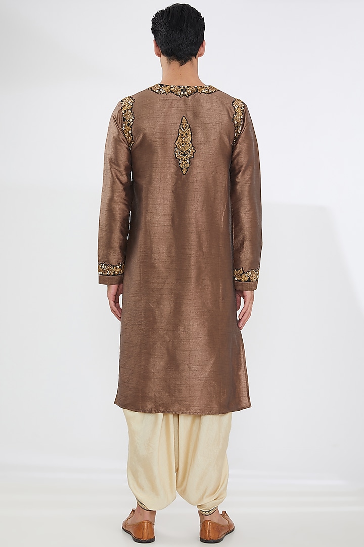 Brown Silk Embroidered Kurta Set by Joy Mitra Men at Pernia's Pop Up Shop