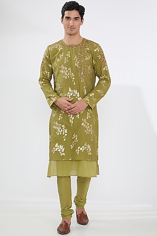 Mehendi Green Cotton Printed Kurta Set by Joy Mitra Men