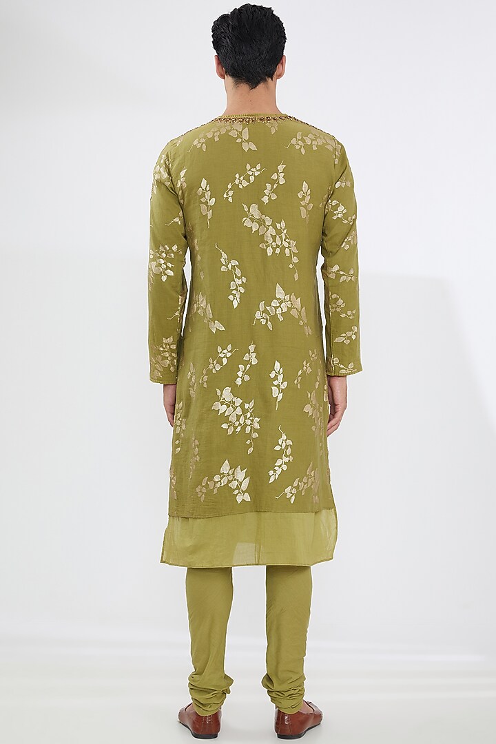 Mehendi Green Cotton Printed Kurta Set by Joy Mitra Men at Pernia's Pop Up Shop