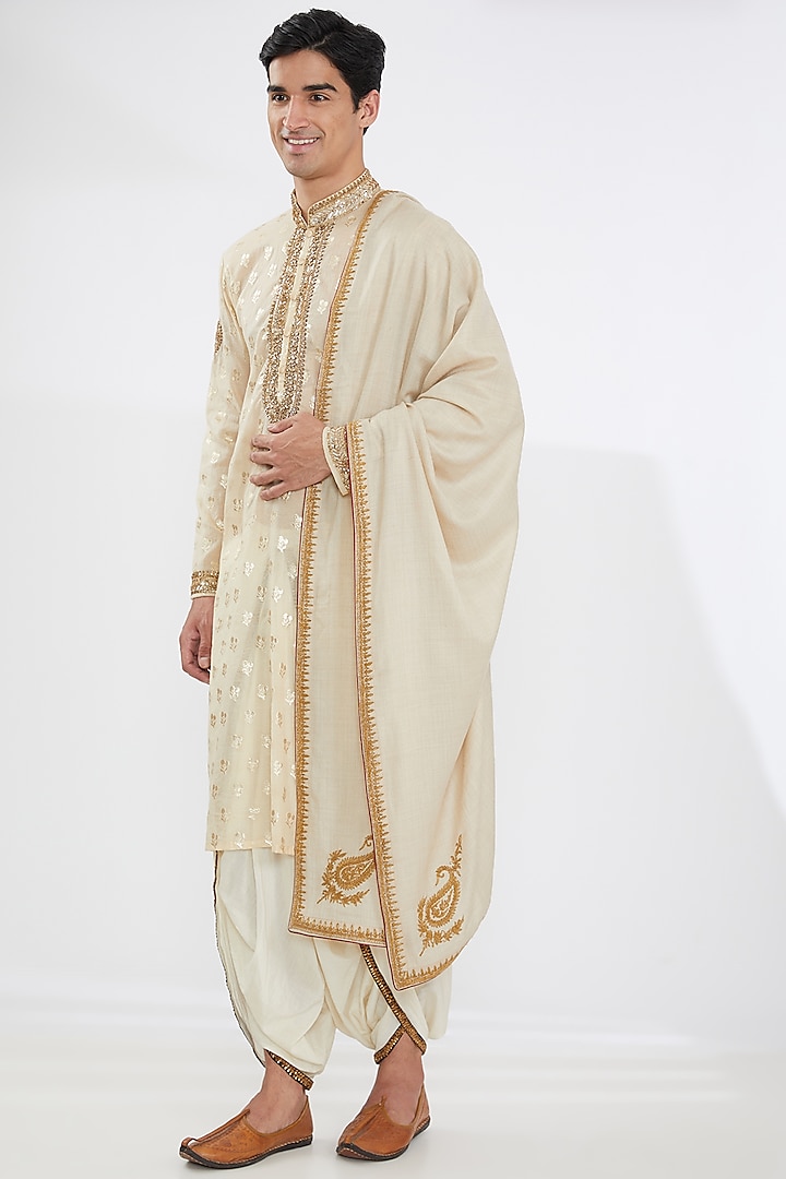 Ivory Woolen Boota Embroidered Shawl by Joy Mitra Men