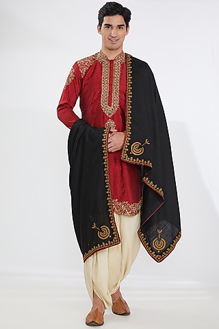 Black Woolen Boota Embroidered Shawl by Joy Mitra Men