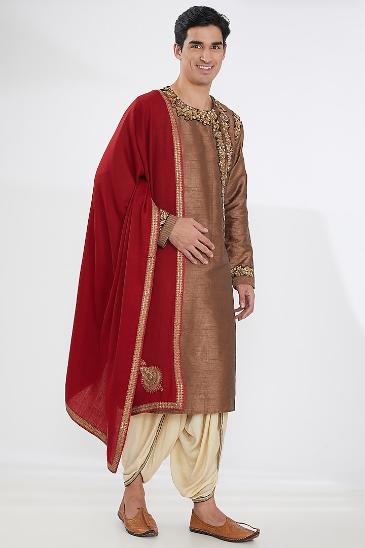 Red Woolen Boota Embroidered Shawl by Joy Mitra Men