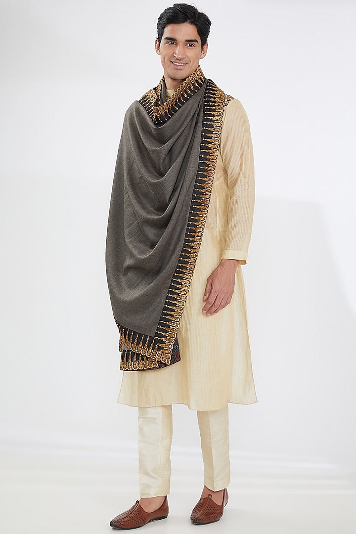 Grey Woolen Embroidered Shawl by Joy Mitra Men