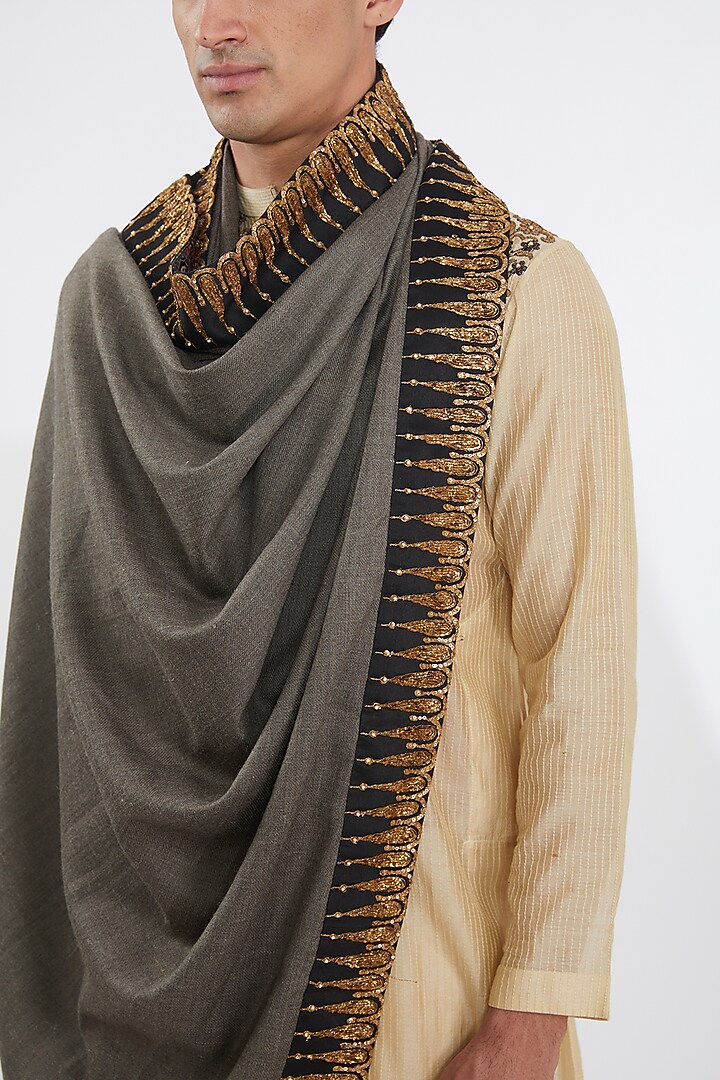 Grey Woolen Embroidered Shawl by Joy Mitra Men at Pernia's Pop Up Shop