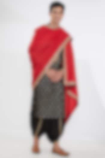 Red Woolen Mirror Embroidered Shawl by Joy Mitra Men
