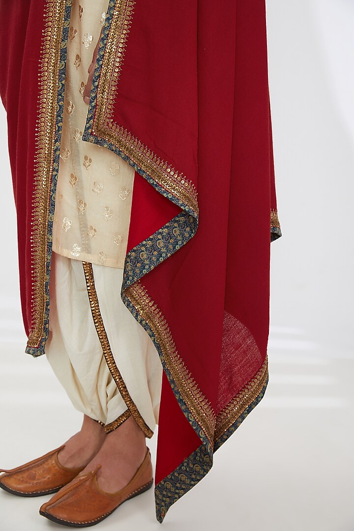 Red Woolen Embroidered Shawl by Joy Mitra Men at Pernia's Pop Up Shop
