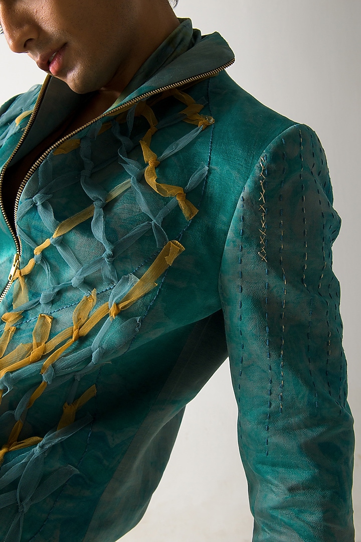 Chateau Grey & Mustard Linen Silk Bomber Jacket Set by Jatin Malik at Pernia's Pop Up Shop