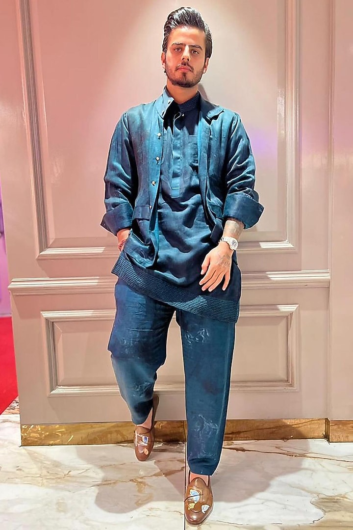 Peacock Green Linen Silk Marble Dyed Jacket by Jatin Malik at Pernia's Pop Up Shop