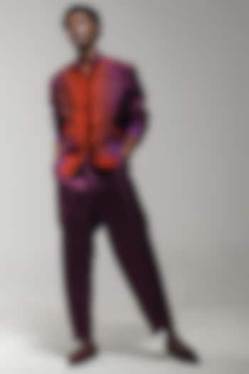 Orange & Purple Ombre Dyed Linen Silk Bomber Jacket Set by Jatin Malik