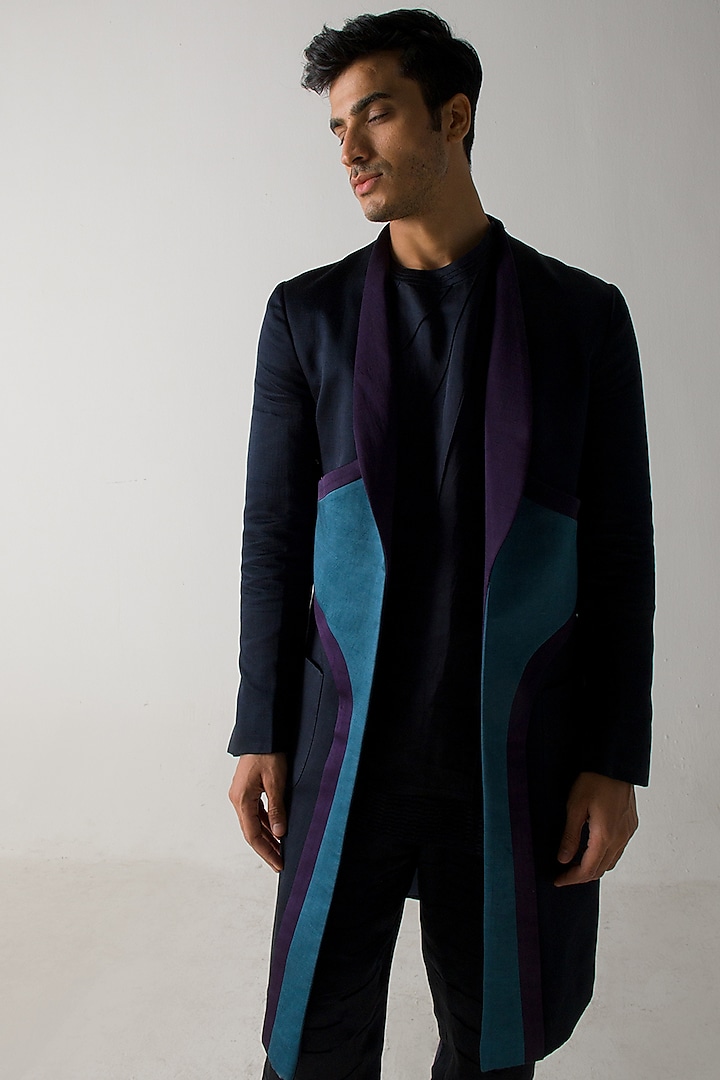 Midnight Blue Linen Silk Overcoat Set by Jatin Malik