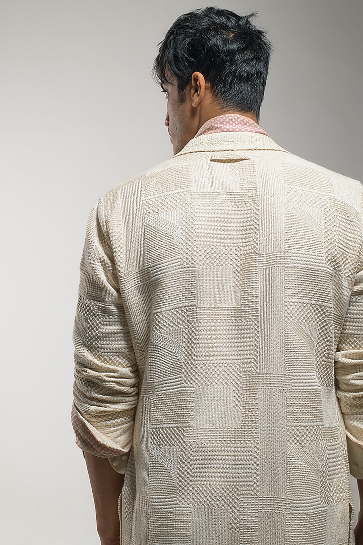 Ivory Crepe Cord Embroidered Textured Overcoat by Jatin Malik at Pernia's Pop Up Shop