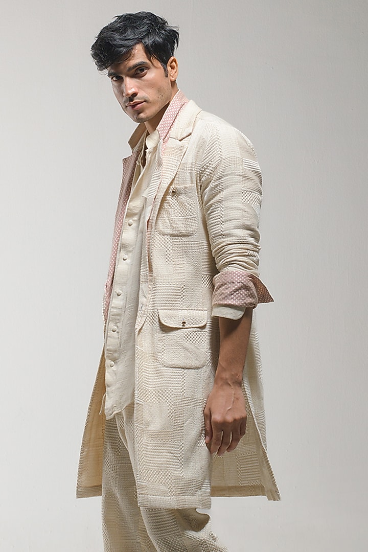 Ivory Crepe Cord Embroidered Textured Overcoat by Jatin Malik at Pernia's Pop Up Shop