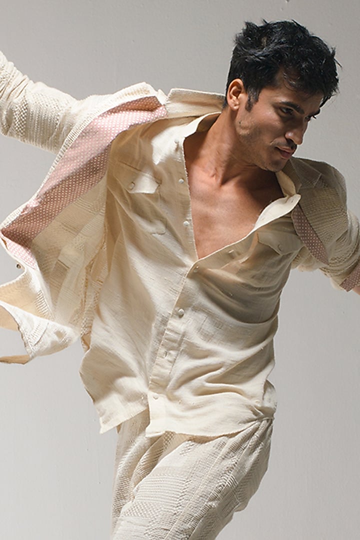 Ivory Crepe Cord Embroidered Textured Overcoat by Jatin Malik at Pernia's Pop Up Shop