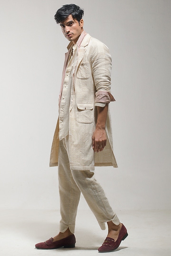 Ivory Crepe Embroidered Overcoat Set by Jatin Malik at Pernia's Pop Up Shop