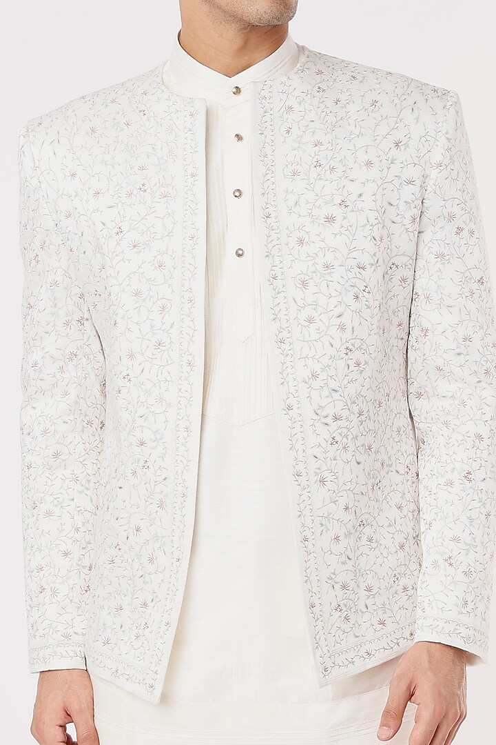 Ivory Linen Silk Hand Embroidered Achkan Jacket Set by Jatin Malik at Pernia's Pop Up Shop
