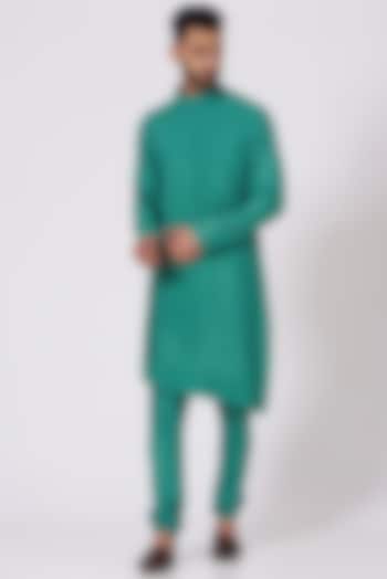 Jade Green Slub Silk Asymmetrical Kurta Set by Jatin Malik