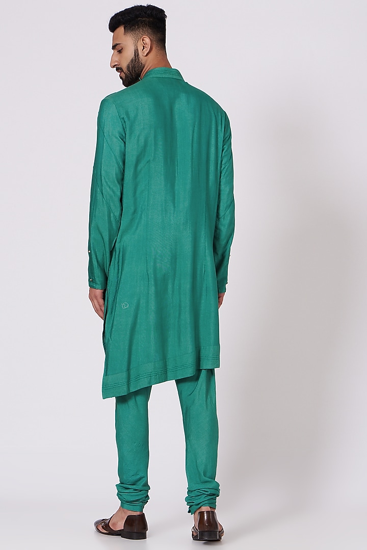 Sage Green Slub Silk Asymmetric Kurta Set by Jatin Malik at Pernia's Pop Up Shop