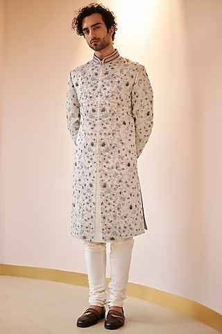 Silver-Grey Hand Embroidered Sherwani Set by Jatin Malik