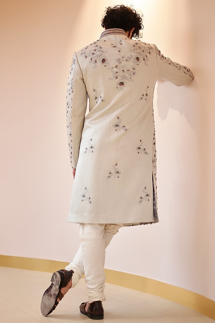Silver-Grey Hand Embroidered Groom Sherwani Set by Jatin Malik at Pernia's Pop Up Shop