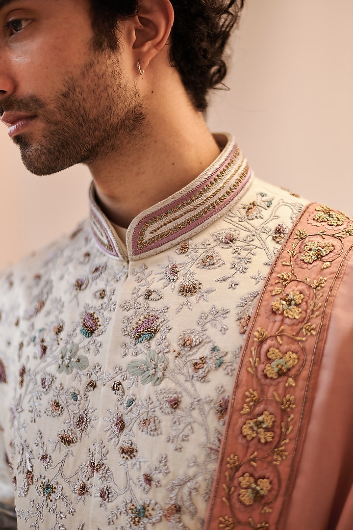 Silver-Grey Hand Embroidered Groom Sherwani Set by Jatin Malik at Pernia's Pop Up Shop