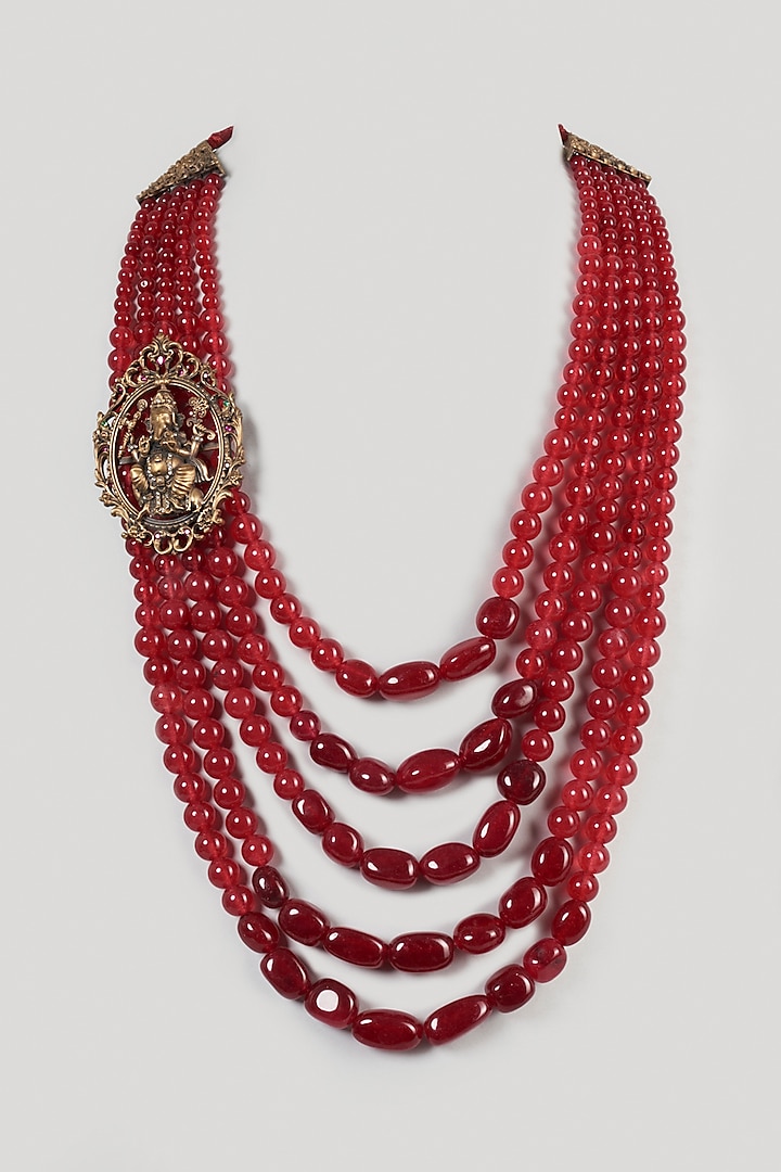 Ruby Red Semi-Precious Stone Layered Mala by Jatin Malik