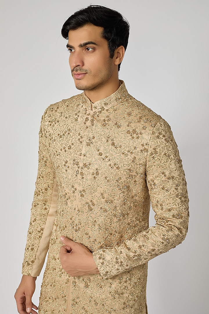 Golden Slub Silk Hand Embroidered Groom Sherwani Set by Jatin Malik at Pernia's Pop Up Shop