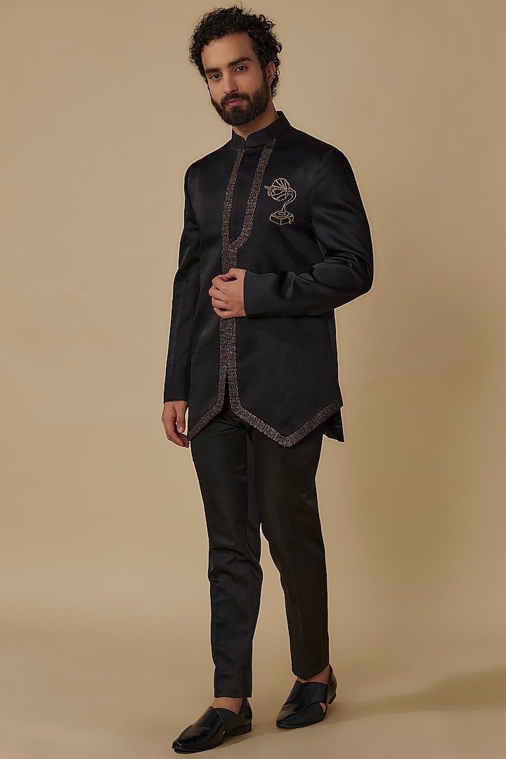 Black Linen Silk Embroidered Bandhgala Set by Jatin Malik