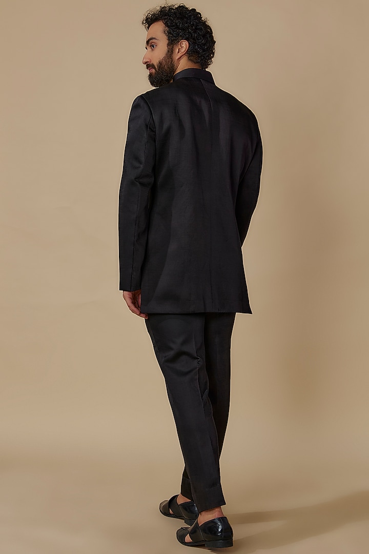 Black Linen Silk Embroidered Wedding Bandhgala Set by Jatin Malik at Pernia's Pop Up Shop