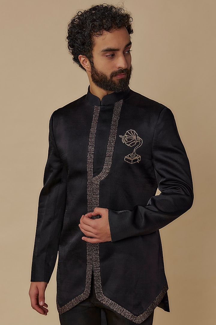 Black Linen Silk Embroidered Wedding Bandhgala Set by Jatin Malik at Pernia's Pop Up Shop