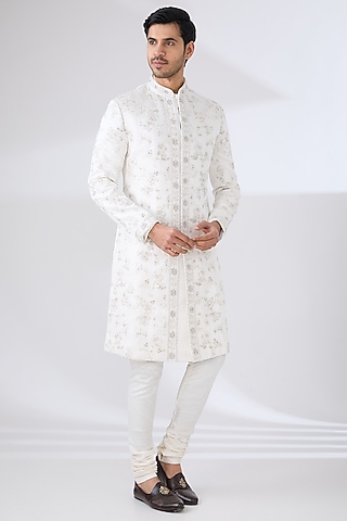 White Linen Silk Embroidered Sherwani Set by Jatin Malik