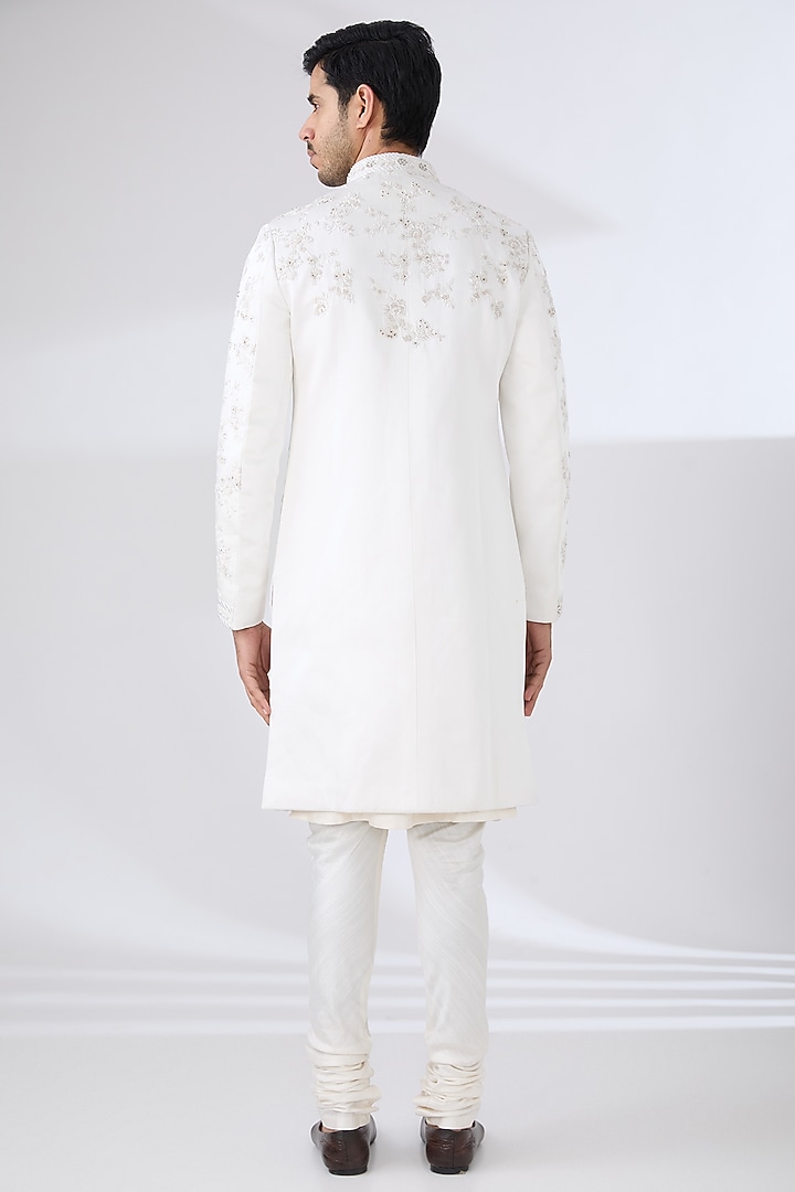 White Linen Silk Embroidered Groom Sherwani Set by Jatin Malik at Pernia's Pop Up Shop