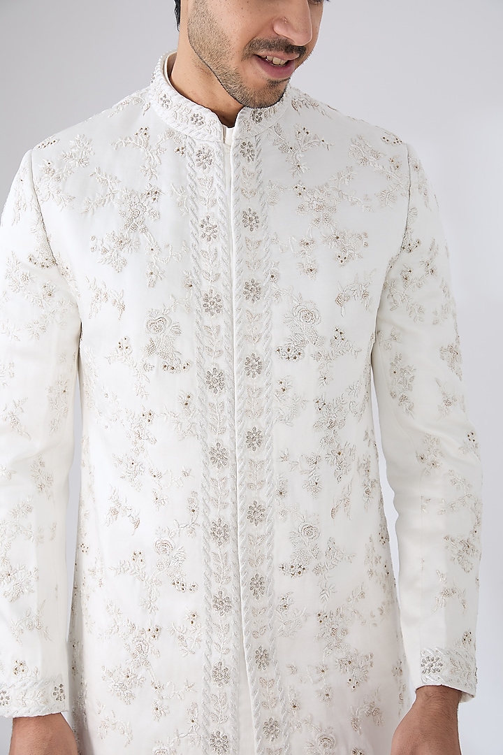 White Linen Silk Embroidered Groom Sherwani Set by Jatin Malik at Pernia's Pop Up Shop