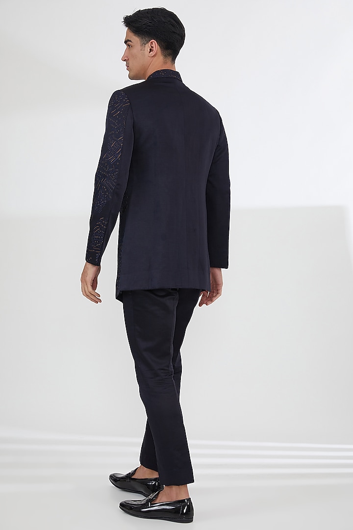Midnight Blue & Teal Ombre Linen Silk Embroidered Groom Indowestern Set by Jatin Malik at Pernia's Pop Up Shop