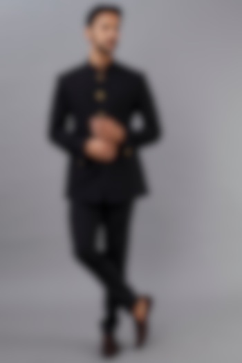 Black Embroidered Bandhgala Set by Jatin Malik