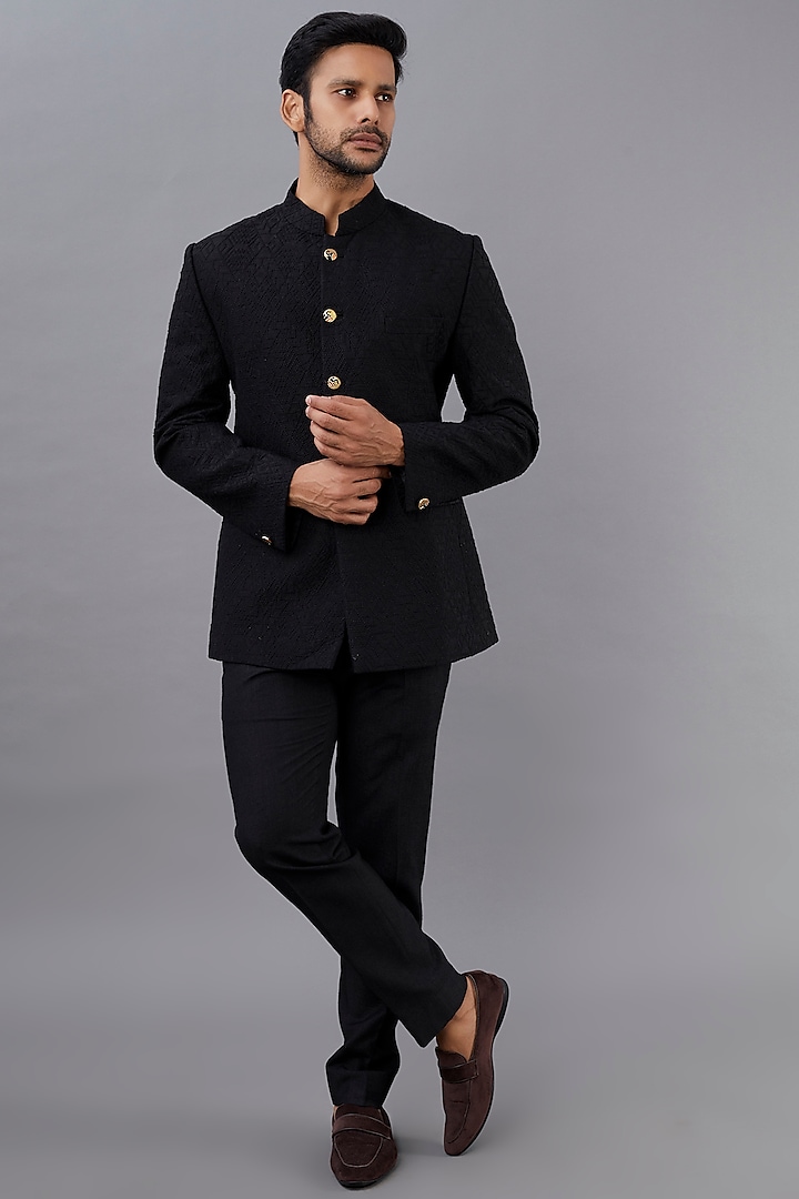 Black Embroidered Bandhgala Set by Jatin Malik