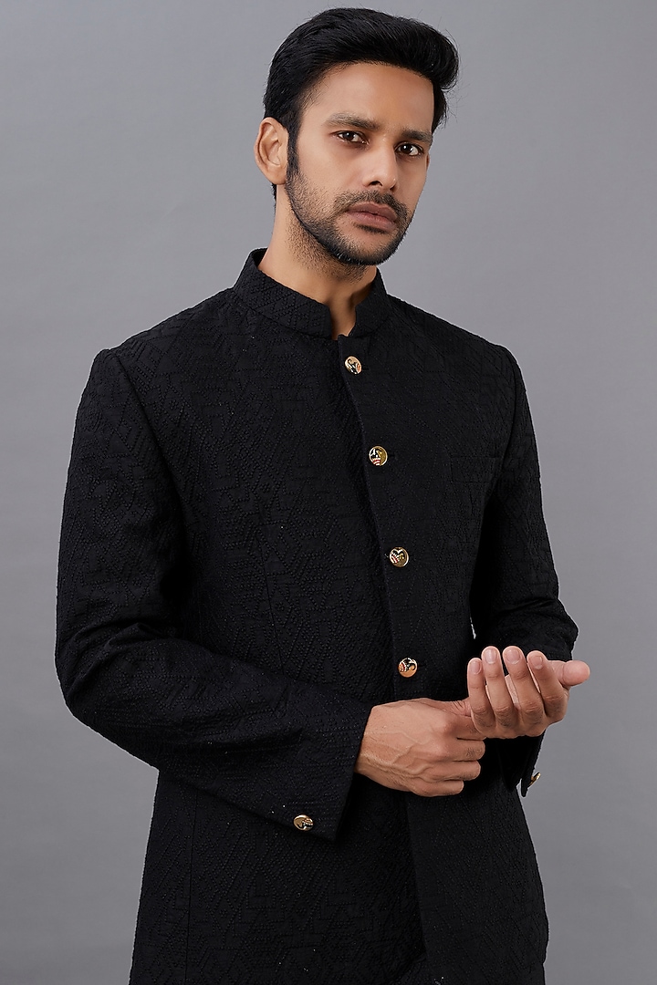 Black Embroidered Wedding Bandhgala Set by Jatin Malik at Pernia's Pop Up Shop