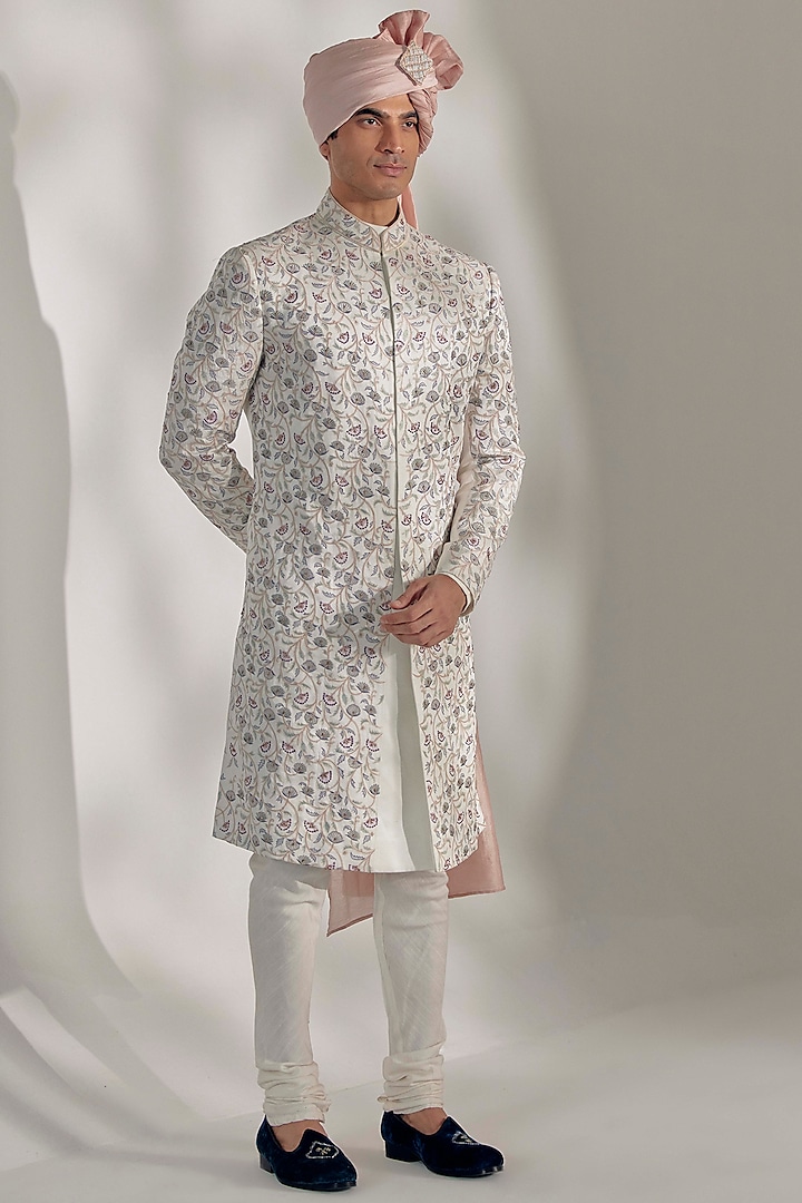 Ivory Linen Silk Sherwani Set by Jatin Malik