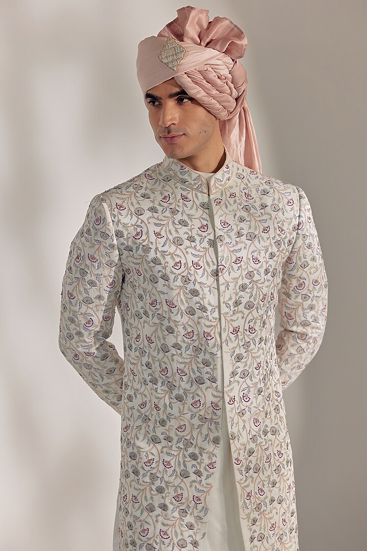 Ivory Linen Silk Dabka Embroidered Jamawar Groom Sherwani Set by Jatin Malik at Pernia's Pop Up Shop