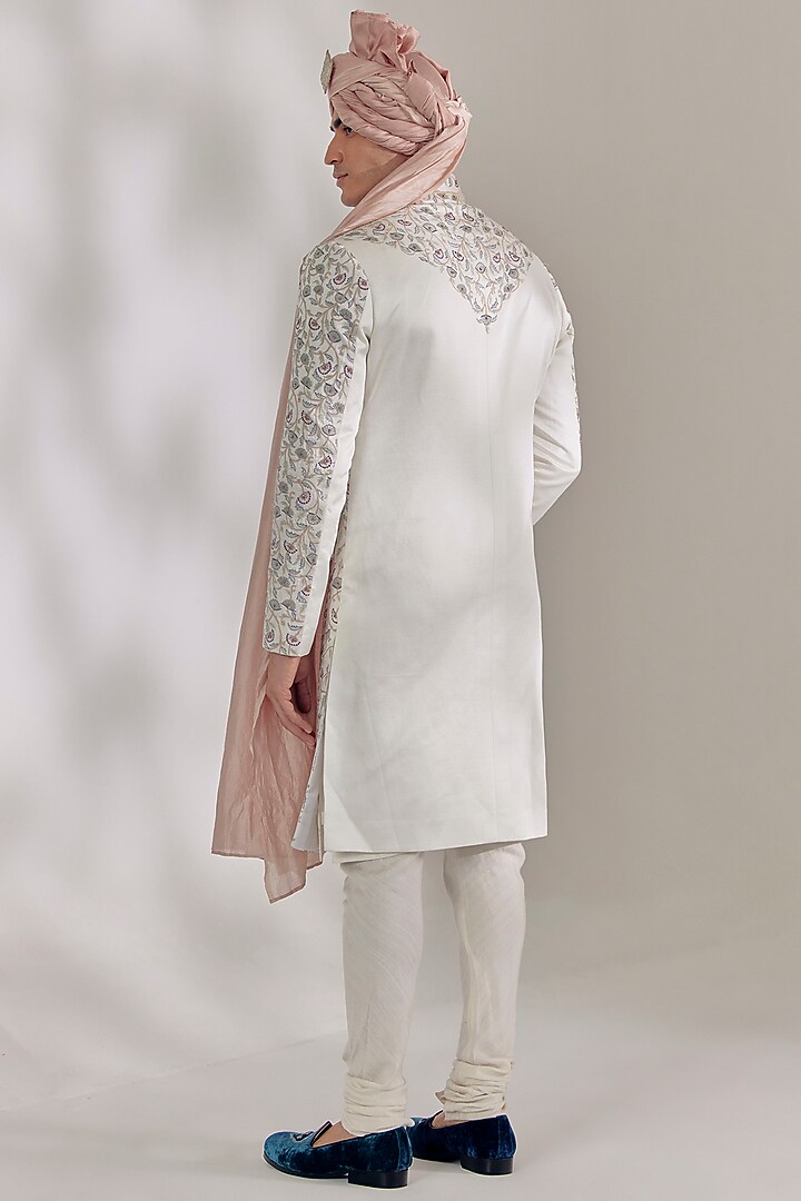 Ivory Linen Silk Dabka Embroidered Jamawar Groom Sherwani Set by Jatin Malik at Pernia's Pop Up Shop