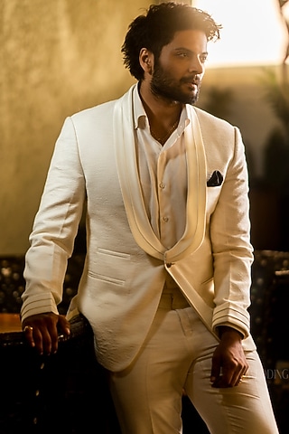Classic Cream Linen Silk Tuxedo Set by Jatin Malik