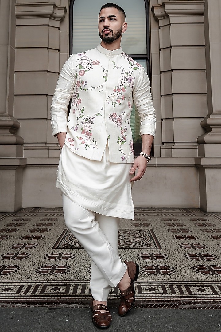 White Slub Silk Hand Painted Nehru Jacket Set by Jatin Malik