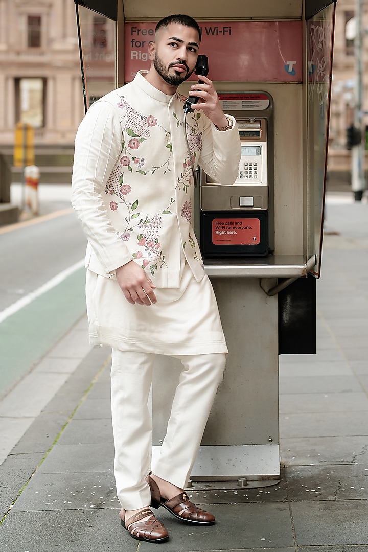 White Slub Silk Hand Painted Nehru Jacket Set by Jatin Malik at Pernia's Pop Up Shop