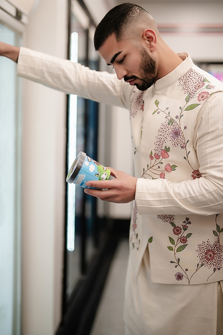 White Slub Silk Hand Painted Nehru Jacket Set by Jatin Malik at Pernia's Pop Up Shop