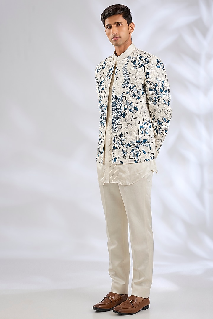 Ivory Linen Silk Zardosi Embroidered Groom Indowestern Jacket Set by Jatin Malik at Pernia's Pop Up Shop