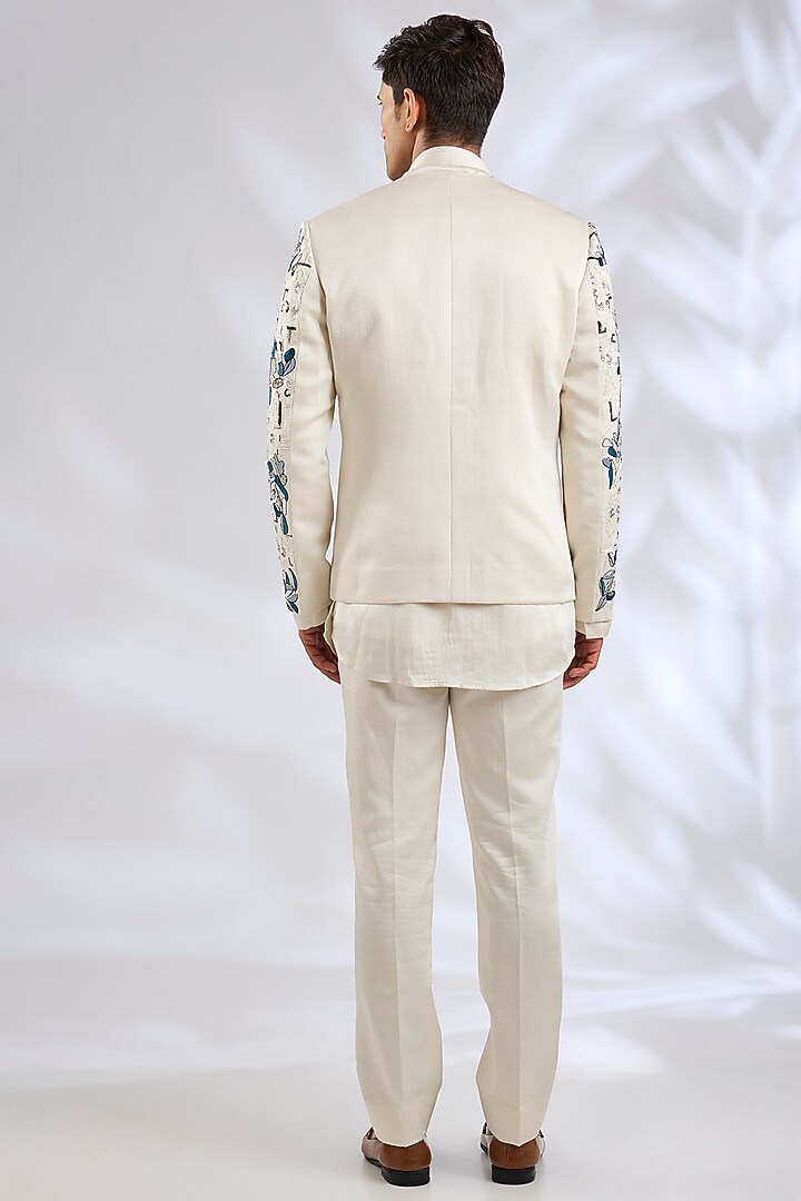 Ivory Linen Silk Zardosi Embroidered Groom Indowestern Jacket Set by Jatin Malik at Pernia's Pop Up Shop