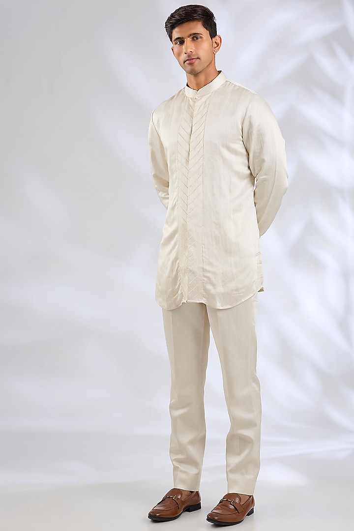 Ivory Linen Silk Zardosi Embroidered Groom Indowestern Jacket Set by Jatin Malik at Pernia's Pop Up Shop