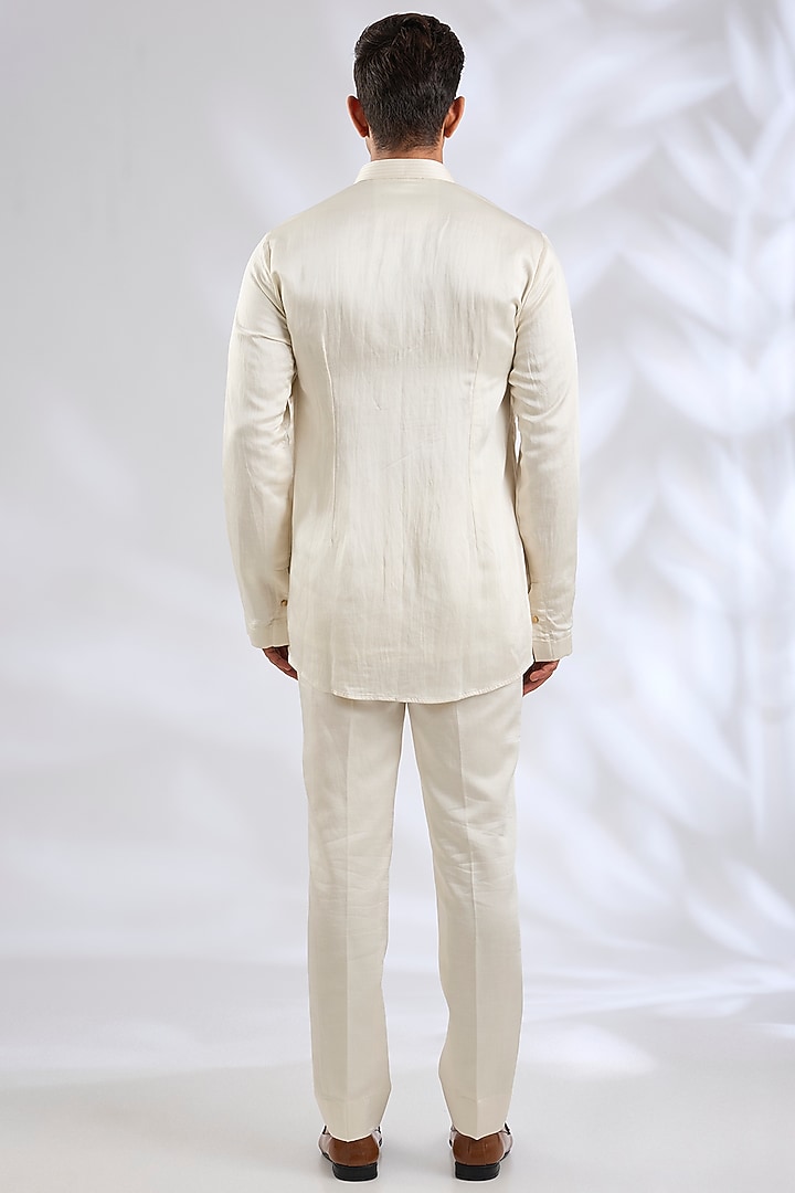Ivory Linen Silk Zardosi Embroidered Groom Indowestern Jacket Set by Jatin Malik at Pernia's Pop Up Shop