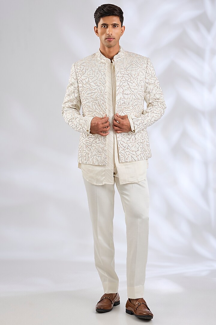 Ivory Linen Silk Zardosi Hand Embroidered Groom Indowestern Jacket Set by Jatin Malik at Pernia's Pop Up Shop