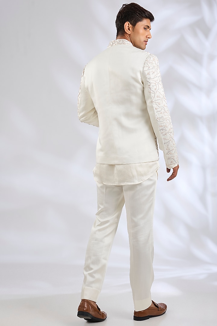 Ivory Linen Silk Zardosi Hand Embroidered Groom Indowestern Jacket Set by Jatin Malik at Pernia's Pop Up Shop